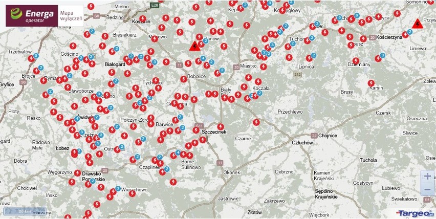 Mapa awarii energetycznych na środę o godz. 12