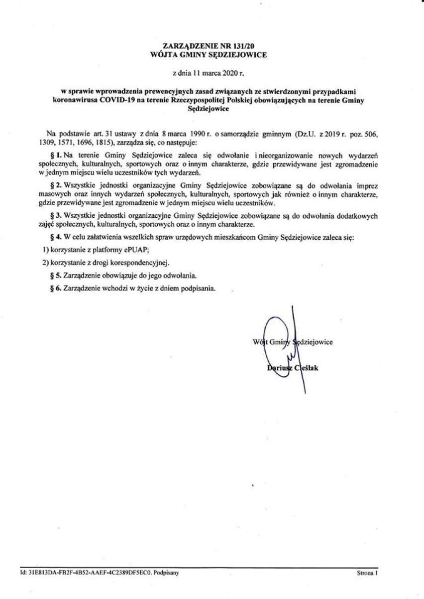 Koronawirus. Gmina Sędziejowice wprowadza środki ostrożności i odwołuje wydarzenia