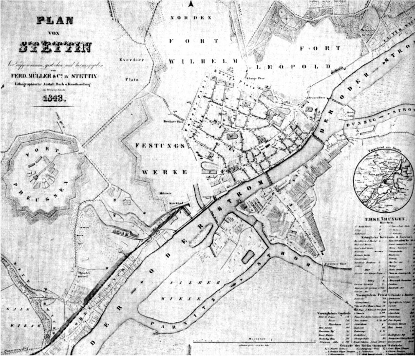 Plan Szczecina z 1843 roku. Miasto opasane umocnieniami....