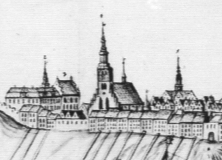 4. Kadr z panoramy J.F. Steinera, przedstawiający kolegium jezuickie oraz kościół św. Mikołaja.