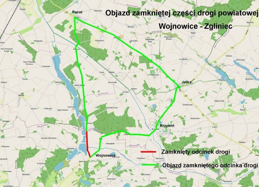 Mapa z zalecanym objazdem w związku z przebudową drogi w...
