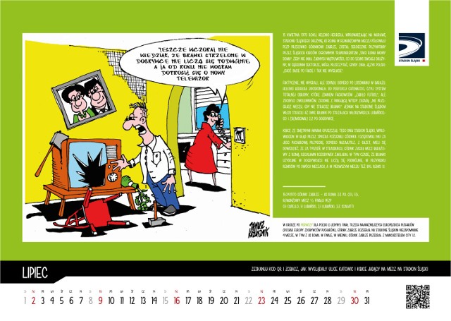 Kalendarz pokazuje historię obiektu za pomocą rysunków satyrycznych połączonych z krótką opowieścią związaną ze sportowym wydarzeniem