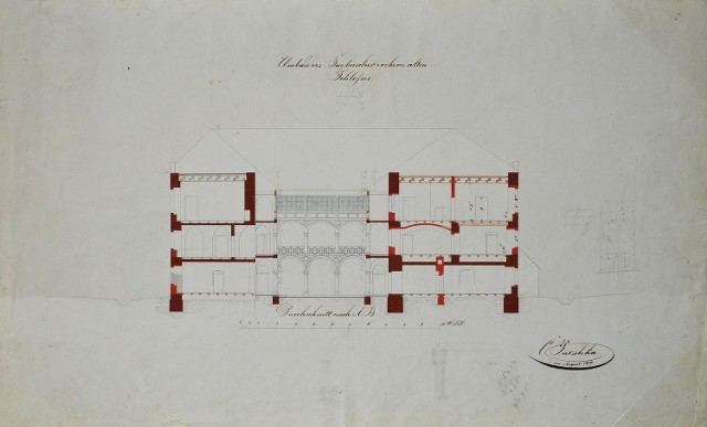 Stary Zamek w Żywcu – przekrój przez dziedziniec, projekt K. Pietschka, 1850 r., zbiory Muzeum Miejskie w Żywcu