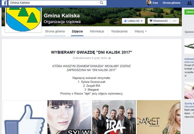 Użytkownicy Facebooka mogą na profilu gminy Kaliska zagłosować na artystę, który ma wystąpić za rok