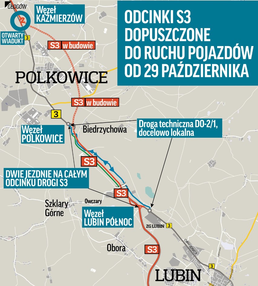 Uwaga! W piątek, 29 października oddają do ruchu odcinek S3 Polkowice – Lubin Północ. Będą po trzy pasy w dwie strony