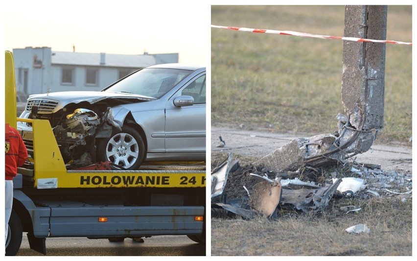 Mercedes uderzył w słup energetyczny na ulicy Płockiej we Włocławku. Droga była zablokowana [zdjęcia]