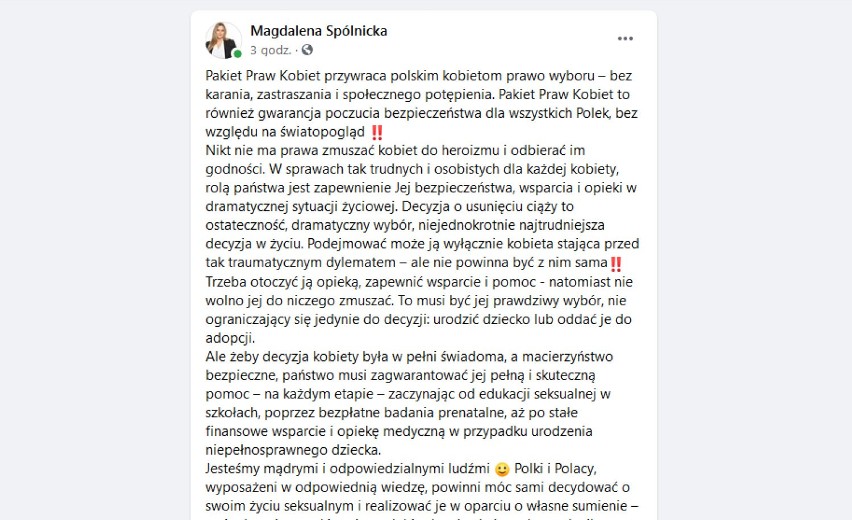 Radomsko: Magdalena Spólnicka: "Pakiet Praw Kobiet przywraca polskim kobietom prawo wyboru"