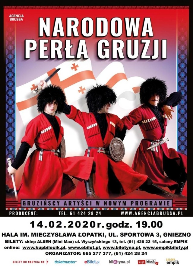 Nie brak tam muzyki instrumentalnej, upajającej jak gruzińskie wino. Ostry, dobrze przyprawiony szaszłyk z mięsa i warzyw - to taniec wojenny Chorumi, na który składają się kolejne fazy walki (zwiad, nadejście wroga, bitwa, świętowanie zwycięstwa). Kobiecą grację i zwinność, przypominającą krystalicznie czystą wodę z górskich potoków, będzie można podziwiać w tańcu Narnari. Pojawią się i owoce, noszone na głowach przez ulicznych sprzedawców w tańcu miejskim Kintauri, wprost z ulic starego Tbilisi.

Wyrafinowane gusta pań zaspokoi słodycz tańca Osuri, w którym mężczyźni tańczą na palcach przed kobietami… Nie zabraknie też popisowego dania, a więc tańca z… nie, nie z szablami, z mieczami! Ów taniec, jeden z najbardziej archaicznych, o nazwie Parikaoba to choreograficzne przedstawienie szermierczych pojedynków, tak zaciętych, że z mieczy i tarcz dosłownie sypia się skry. To wszystko, a nawet więcej, pragną ofiarować publiczności w postaci muzyki, tańca i śpiewu artyści Narodowej Perły Gruzji podczas dwugodzinnego spotkania z egzotyczną i fascynującą kultura Kaukazu.

Koncert odbędzie się 14 lutegoo, godz. 19:00 w Gnieźnie, Hala im. M. Łopatki, Sportowa 3. Bilety do nabycia: sklep ALSEN (Mini Max) ul. Wyszyńskiego 13, tel. 61/426 23 15, salony EMPIK oraz online na www.kupbilecik.pl.
