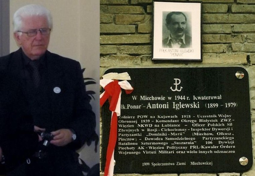 Szymon Szynkowski i tablica w Miechowie