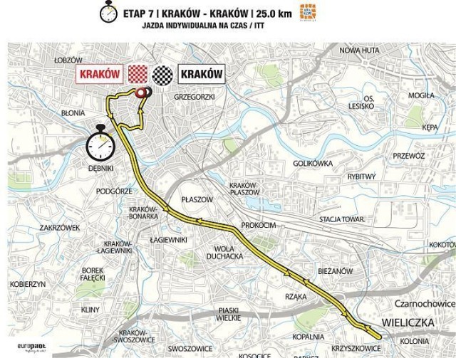 Mapka trasy 7 etapu Tour de Pologne w Krakowie.