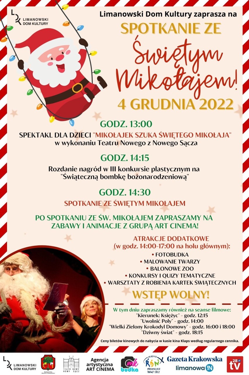 Limanowski Dom Kultury zaprasza na spotkanie ze Świętym Mikołajem. Zaplanowano wiele atrakcji