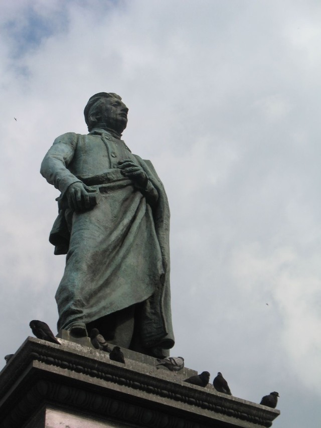 Pomnik Adama Mickiewicza w Krakowie w otoczeniu gołębi
