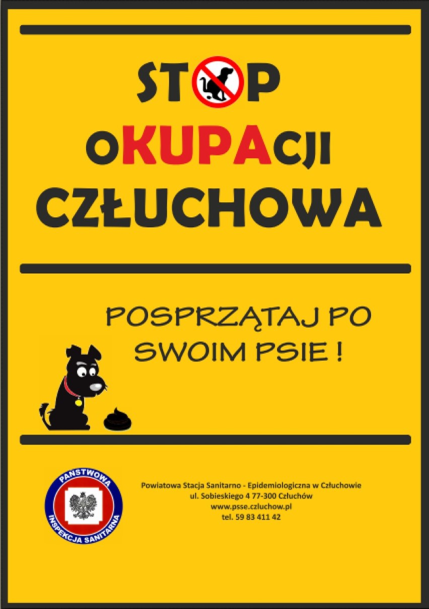 Sanepid Człuchów przypomina - posprzątaj po psie! Plakatowa akcja "Stop okupacji Człuchowa"
