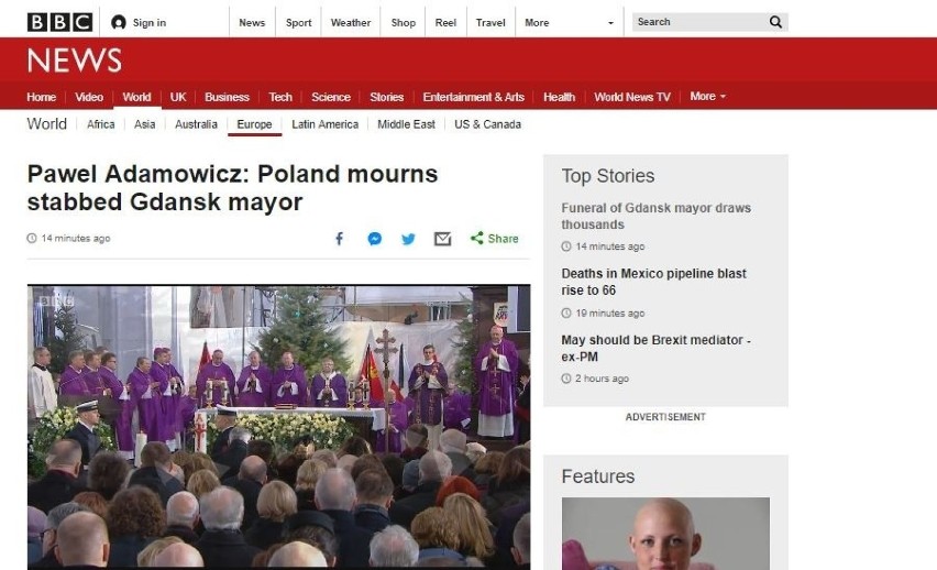 BBC w artykule o pogrzebie Adamowicza zaznacza, że w...