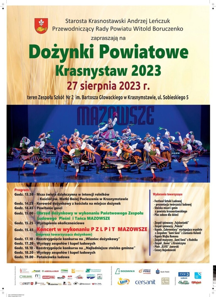 Dożynki powiatowe w Krasnymstawie z widowiskiem obrzędowym i koncertem w wykonaniu  "Mazowsza"