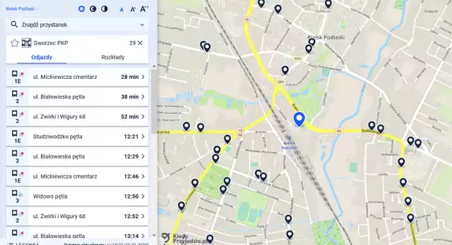 Tak wygląda aplikacja "Kiedy przyjedzie?" pokazująca sieć komunikacji miejskiej w Bielsku Podlaskim