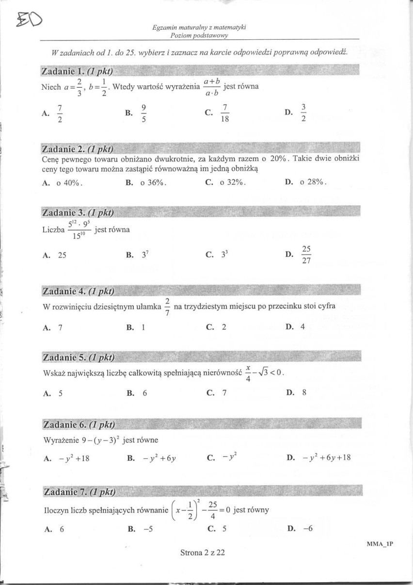 Matura poprawkowa z matematyki arkusz 2015