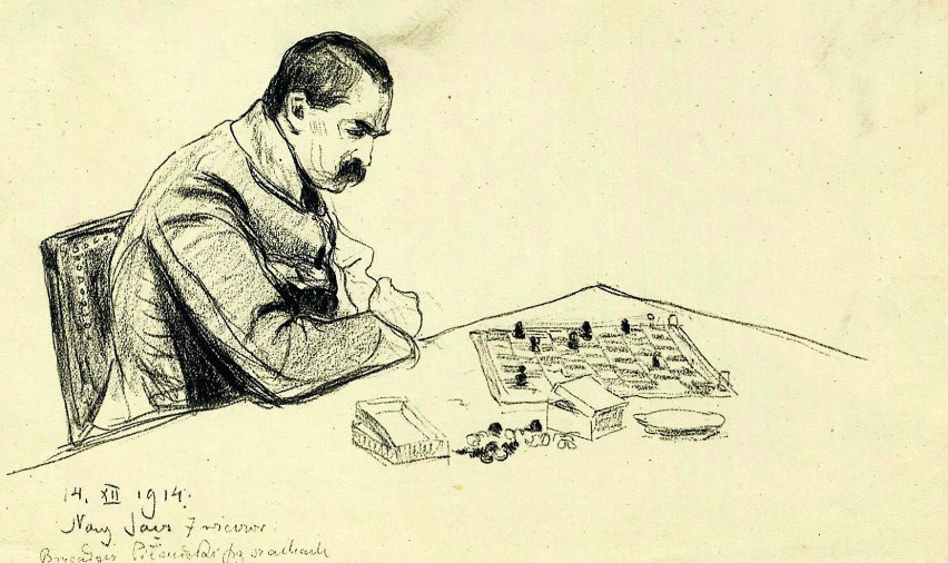 Józef Piłsudski gra w szachy w Nowym Sączu, 14.12.1914 r....