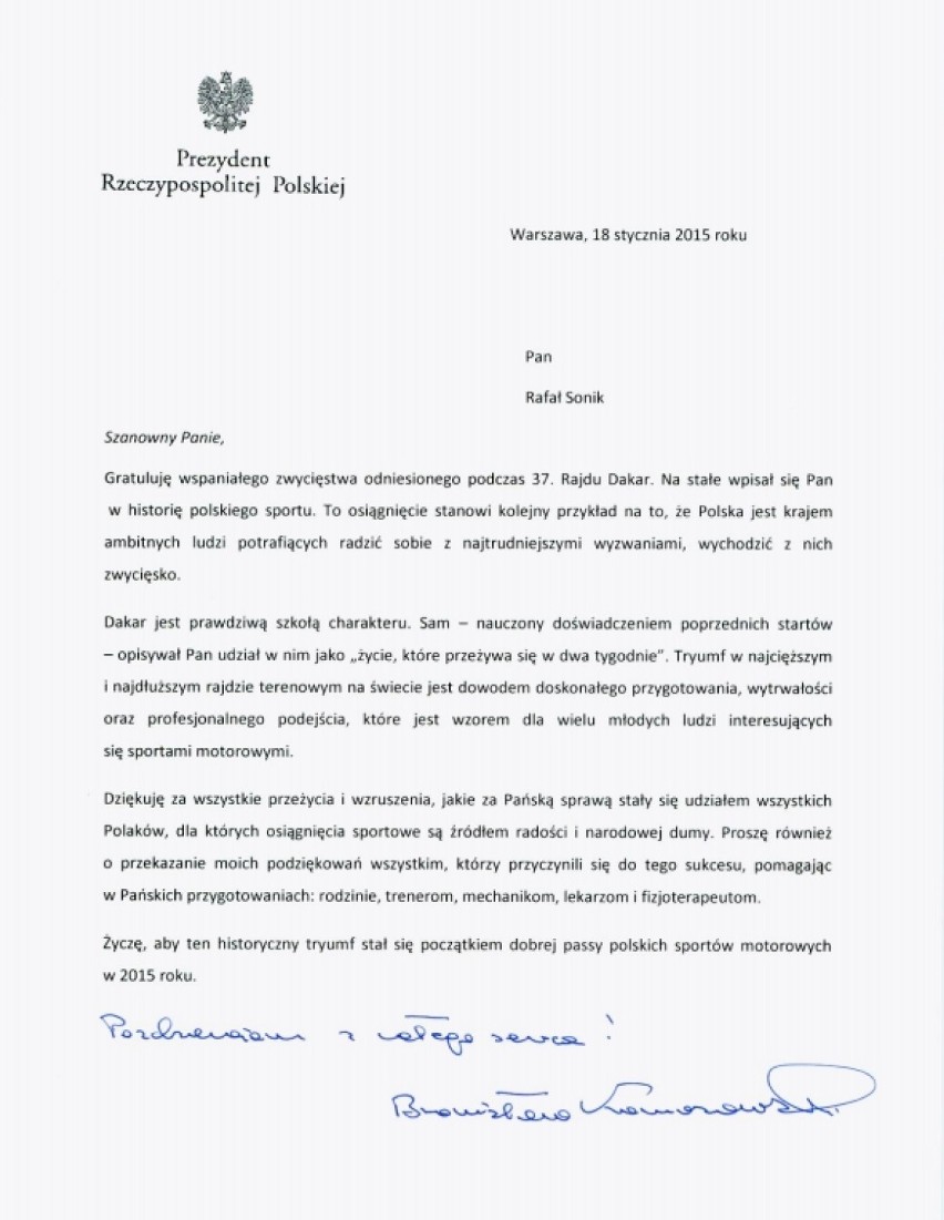 List gratulacyjny Prezydenta RP do Rafała Sonika