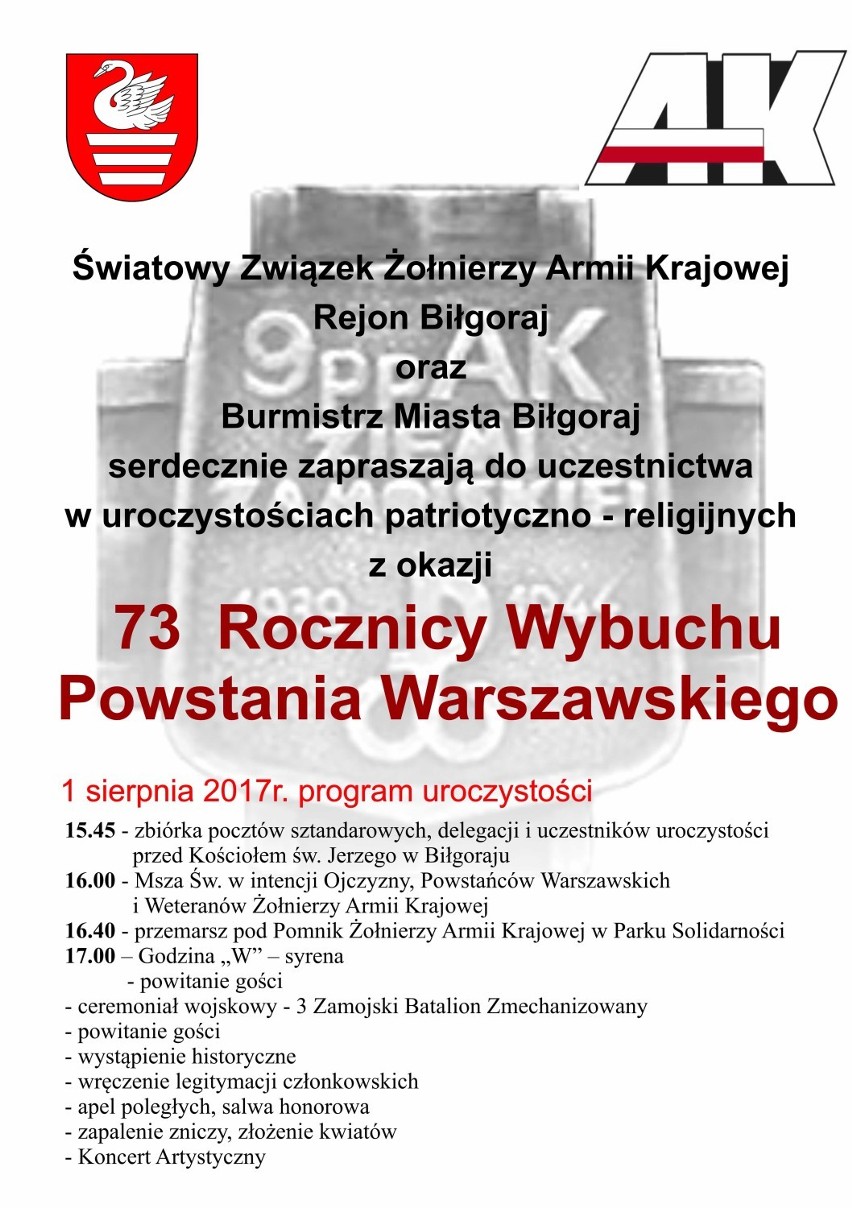 73. rocznica wybuchu Powstania Warszawskiego - obchody zamojskie i biłgorajskie