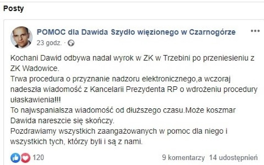 Dawid Szydło czeka w więzieniu na ułaskawienie