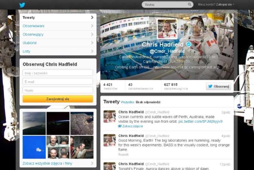 Profil Chrisa Hadfielda na Twitterze