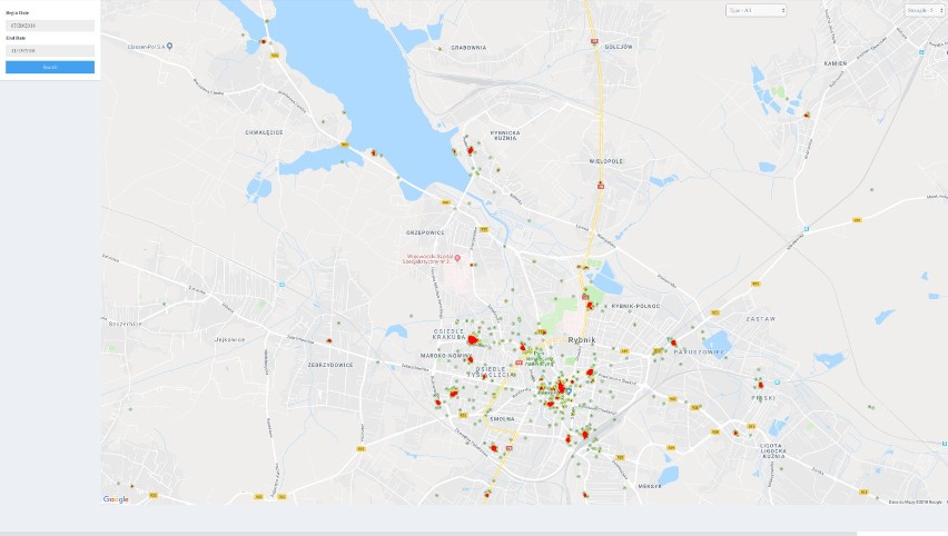 heat mapy GeoVelo, obrazujący skalę korzystania z poszczególnych parkingów oraz wektorowe trasy przejazdu.