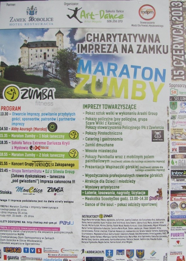 Plakat maratonu zumby Zamek Bobolice