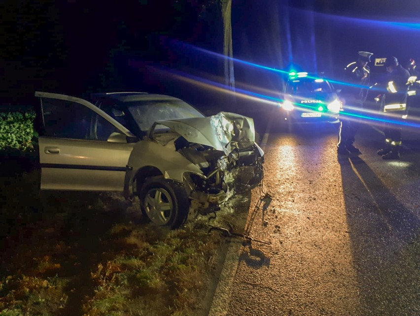 Wypadek w Krzykosach. Osobówką w drzewo, dwie osoby trafiły do szpitala [ZDJĘCIA]