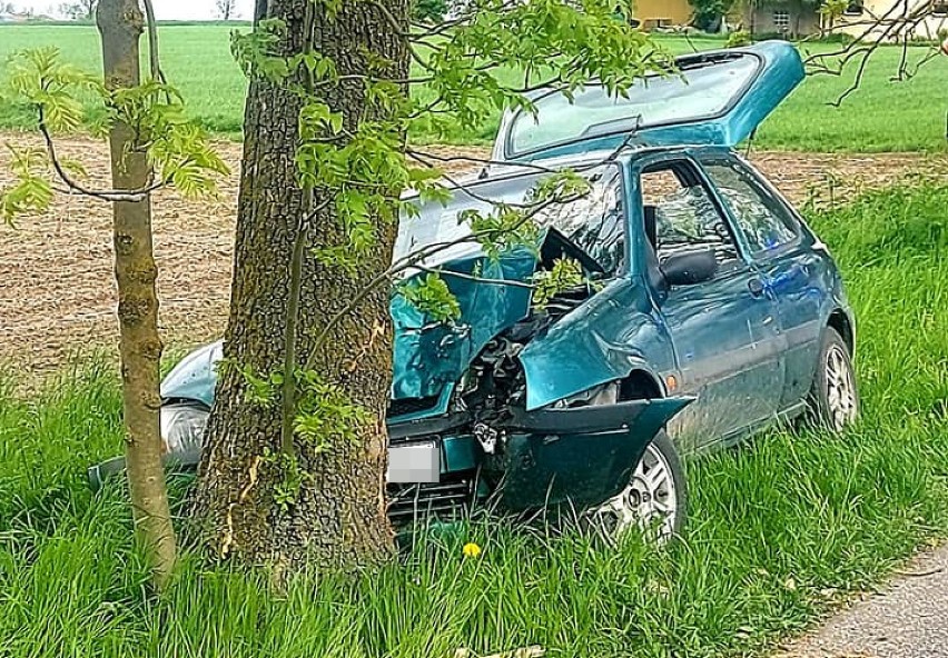 Gmina Damasławek. Wypadek! Samochód osobowy zjechał z drogi i uderzył w drzewo 