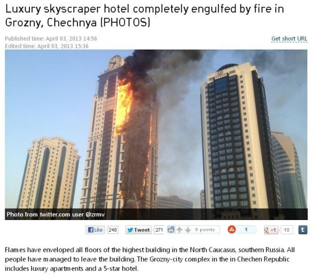 Zdjęcie płonącego wieżowca w Groznym, na stronie telewizji Russia Today