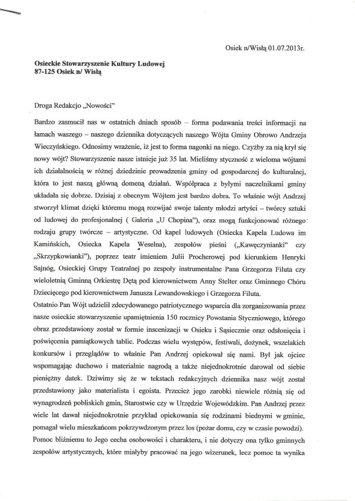 List do Nowości wystosowany przez Osieckie Stowarzyszenie...