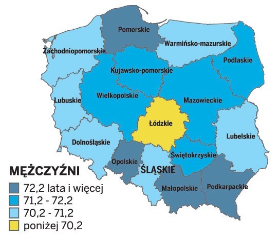 Przeciętne trwanie życia wg. województw w 2009 r.