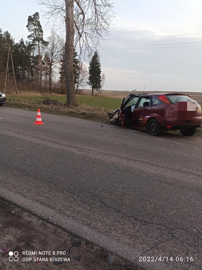 Wypadek w Bożympolu w gm. Stara Kiszewa. 21-letni mężczyzna bez prawa jazdy uderzył w drzewo fordem [ZDJĘCIA]