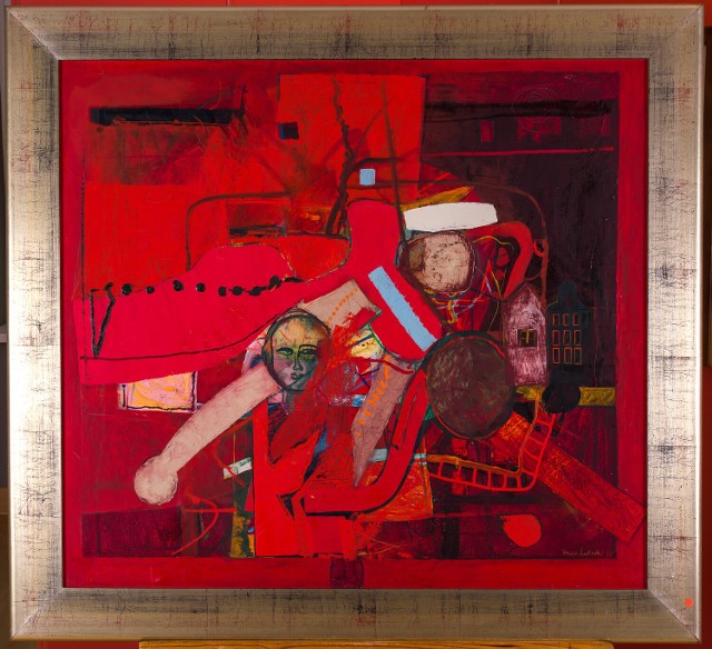 Hugon Lasocki, Kompozycja w czerwieni, 1981, olej n apłótni, 100 x 90 cm