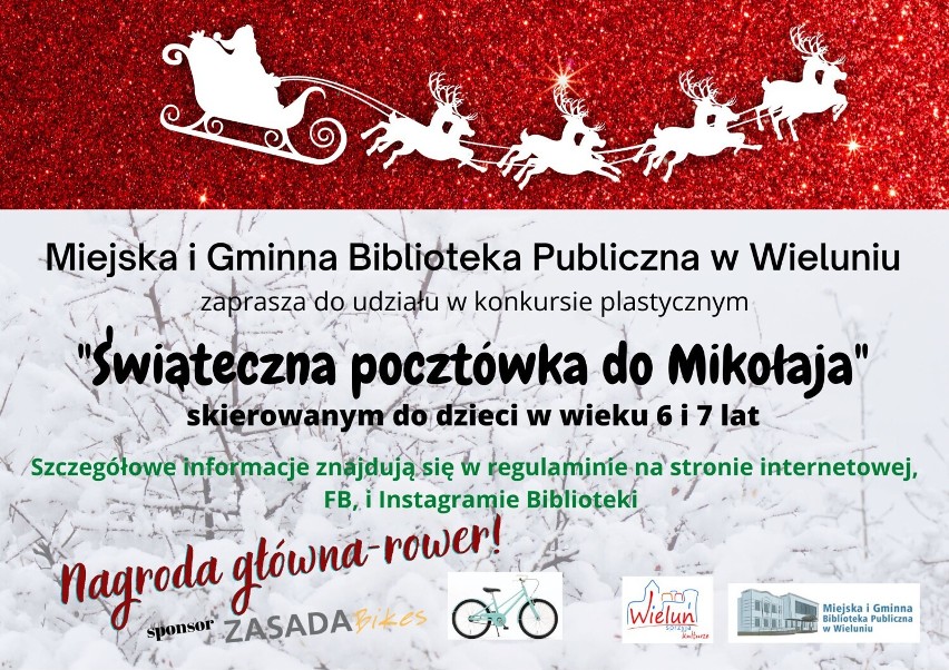 „Świąteczna pocztówka do Mikołaja”. Biblioteka miejska w Wieluniu zaprasza dzieci do udziału w konkursie. Można wygrać rower