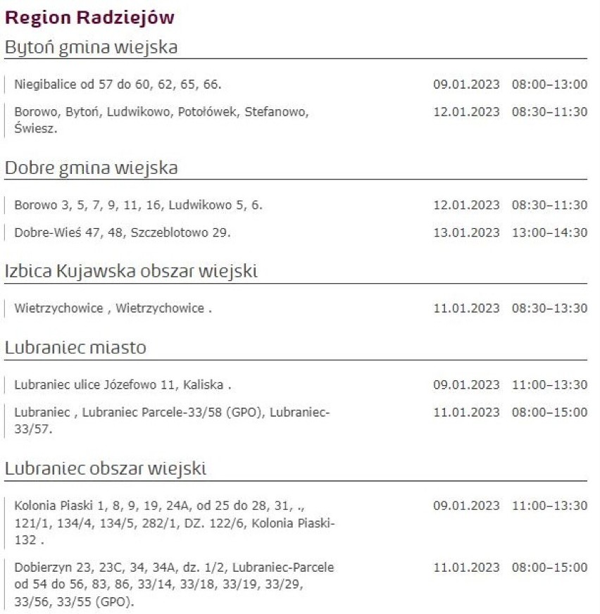 Tu nie będzie prądu w Kujawsko-Pomorskiem [miasta, gminy - 10.01.2023]