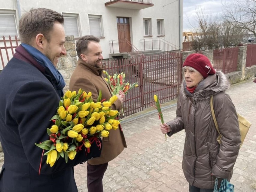 Prezydent Starachowic Marek Materek ruszył "w miasto" i obdarowywał panie pięknymi tulipanami. Zobacz zdjęcia