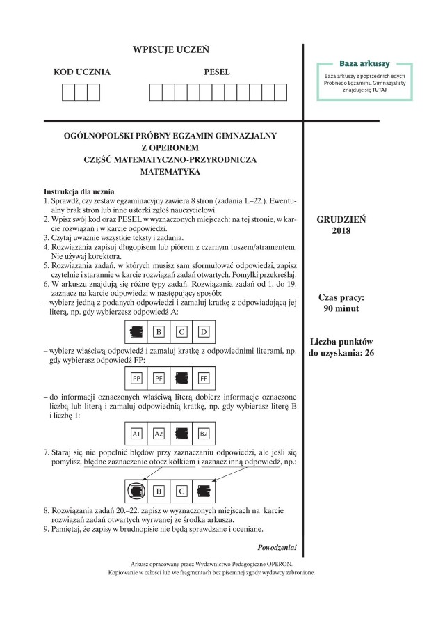 Próbny egzamin gimnazjalny 2018. MATEMATYKA - arkusze zadań i klucz  odpowiedzi | Kraków Nasze Miasto