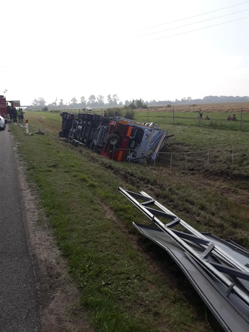 Ciężarówka przewożąca kurczaki wywróciła się na A2. Kierowca i pasażer w szpitalu 