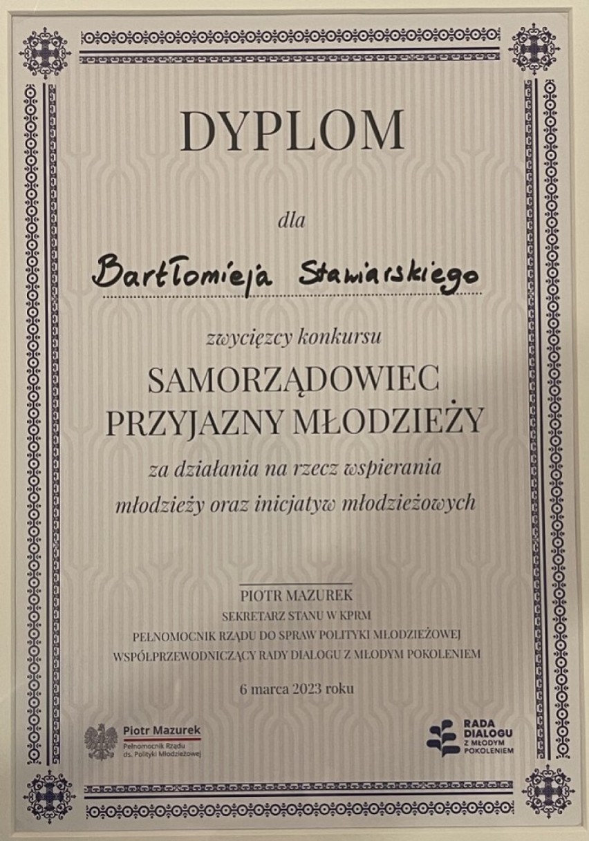 Bartłomiej Stawiarski wyróżniony.