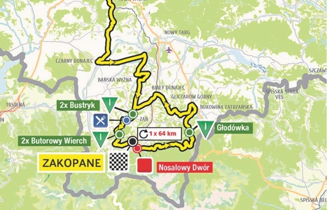 Żółtym kolorem zaznaczono na mapie jutrzejszą trasę przejazdu peletonu Tour de Pologne