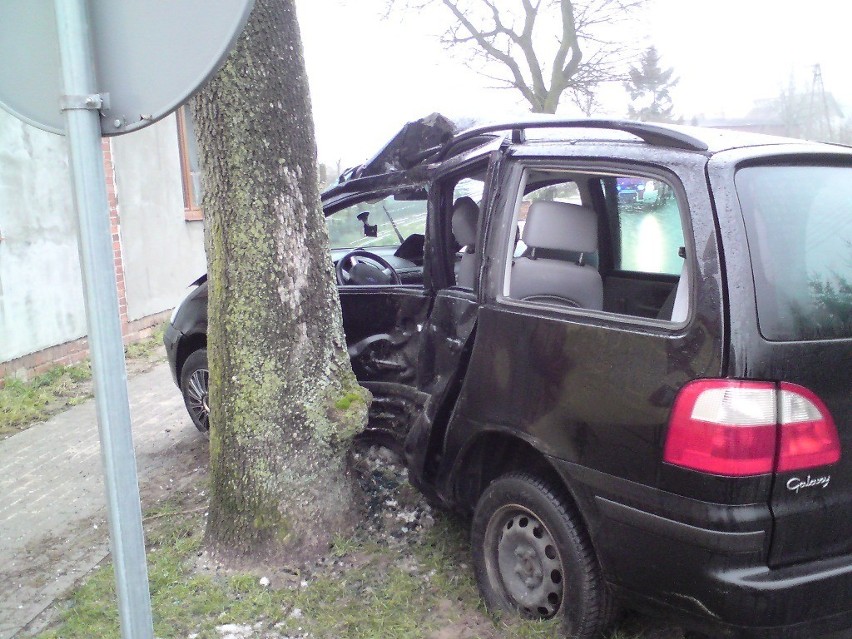 Wypadek w Polanowie. Ford uderzył w drzewo tuż przy domu [ZDJĘCIA]