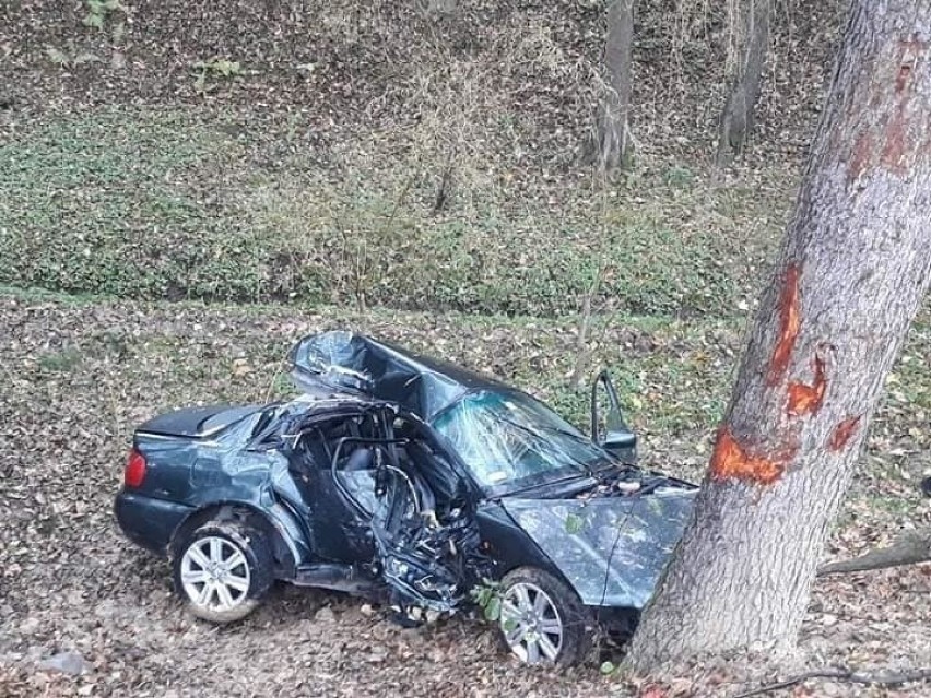 Wypadek w Libuszy. Auto roztrzaskane o drzewo., ranni byli wycinani z wraku [ZDJĘCIA]