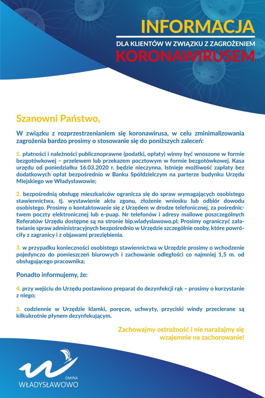 Lista zaleceń dla klientów odwiedzających Urząd Miejski we Władysławowie w związku z zagrożeniem epidemiologicznym wywołanym wirusem SARS-CoV02