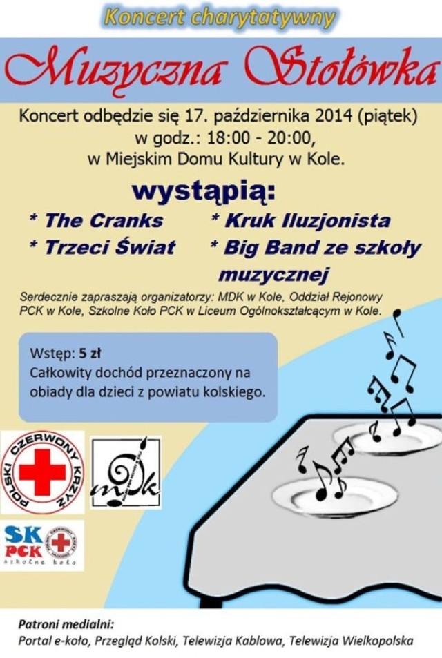 17 października 2014 r. (piątek) w Miejskim Domu Kultury w Kole odbędzie się koncert charytatywny "Muzyczna Stołówka". Całkowity dochód z koncertu jest przeznaczony na obiady dla dzieci z powiatu kolskiego. Start o godz. 18.00.

Więcej: Koncert "Muzyczna Stołówka"