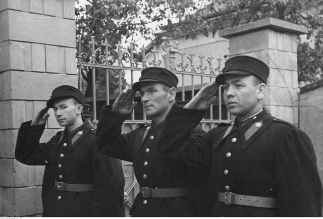 Trzej salutujący policjanci ze szkoły policji polskiej w Nowym Sączu. Zdjęcie wykonane w październiku 1941 r.
