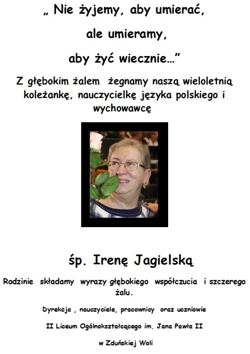 Zmarła Irena Jagielska. Była nauczycielką języka polskiego w II LO w Zduńskiej Woli