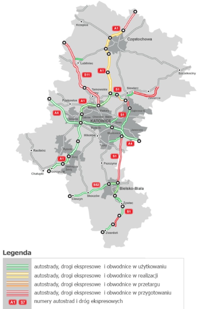 Mapa stanu budowy dróg - śląskie