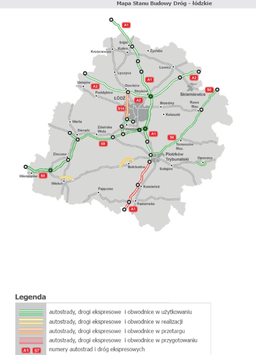 Mapa stanu budowy dróg - łódzkie